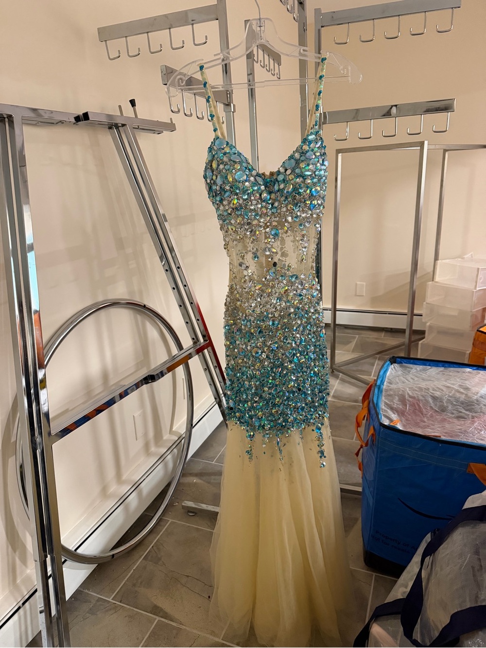 Jovani Blue and Cream Beaded Mermaid Prom Dress